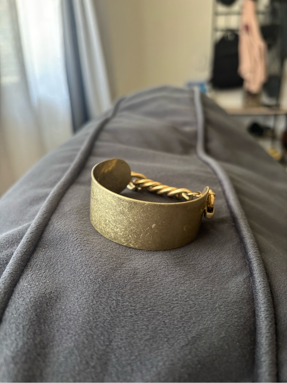 Free People Chunky Bronze Tone Cuff & Chain Link Bracelet 1" Wide